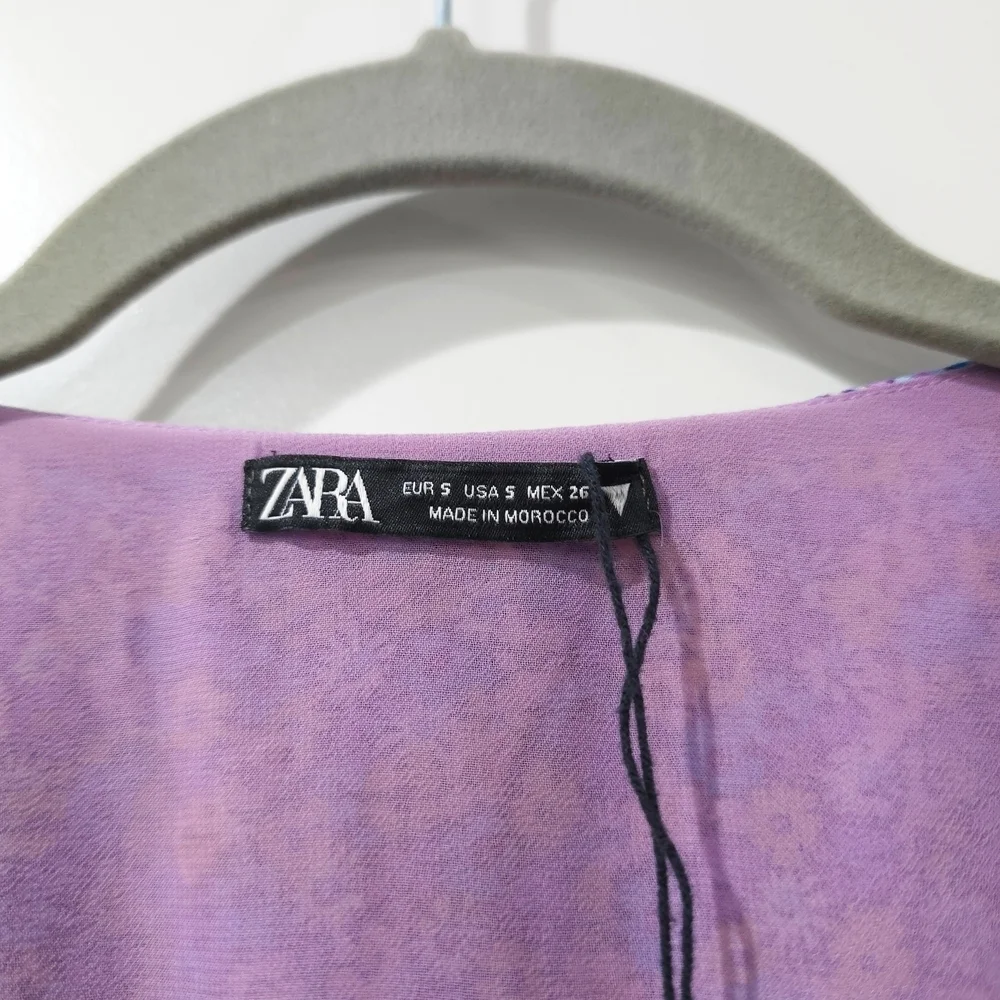 Zara Purple Blue Yellow Floral Puff Smocked Sleeve Sundress Mini, Deep Vneck, S - Picture 6 of 16